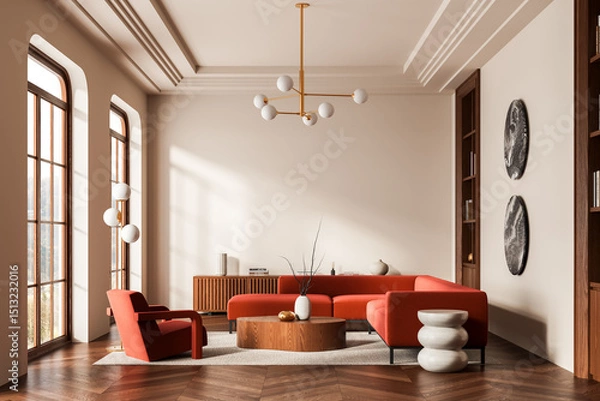 Fototapeta Modern minimalist interior with red furniture, wooden flooring, and large windows in warm sunlight. Contemporary living room design inspiration. 3D Rendering