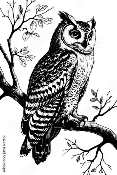 Obraz Side view engraving-style owl on branch. Black and white vector bird with intricate detail