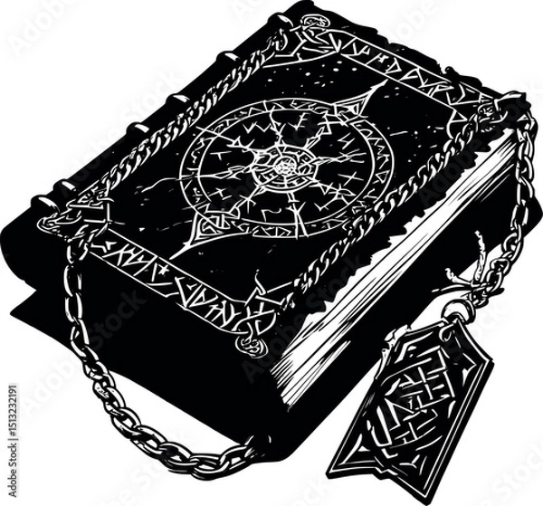 Obraz Chained spellbook vector. Gothic grimoire with protective lock and runes.