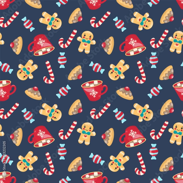 Fototapeta Seamless Christmas pattern with gingerbread men, candy canes, mugs, sweets, and pie slices. Bright hand drawn style on dark blue background. Perfect for wrapping paper, textiles, and decor.