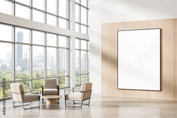 Fototapeta Modern interior with blank poster frame on wooden wall in bright office lounge with city view and stylish furniture for branding or design display template. 3D Rendering