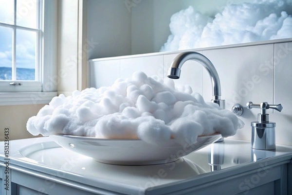 Fototapeta A sink is filled with white foam and bubbles