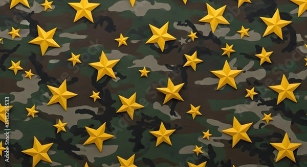 Fototapeta Golden Stars on Camouflage Background: A Festive Military Pattern Design for Textiles, Wallpaper, and Branding
