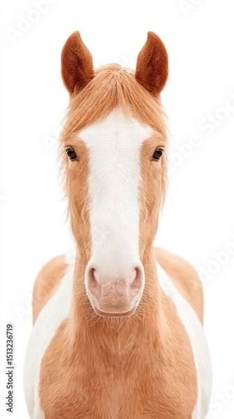 Fototapeta A tan and white horse faces the camera against a white background, showcasing its gentle expression and upright ears.