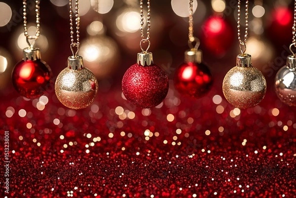 Obraz Christmas ornaments on string, festive red and gold