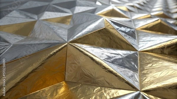 Fototapeta Layered metallic foil folds, silver and gold shimmer, diffused light, abstract geometry, photorealism