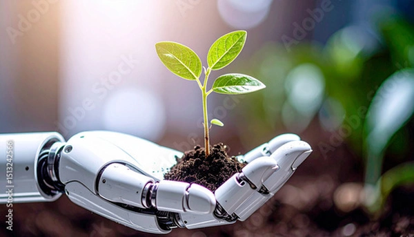 Obraz robot hand holding green sprout with one hand, AI Generated