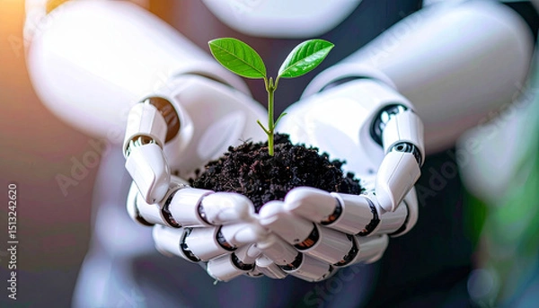 Obraz robot hand holding green sprout with both hand, AI Generated