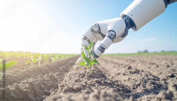 Obraz robot hand helping farmer planting seeds into soil, AI Generated