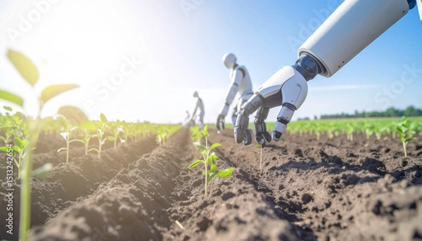 Obraz robot hand helping farmer planting seeds into soil, AI Generated