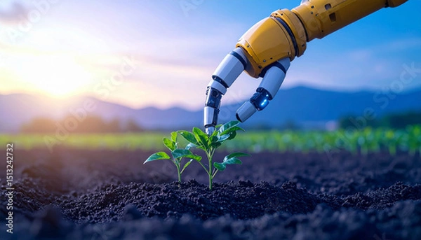 Obraz automatic robot arm harvesting plant in field against sunset, AI Generated
