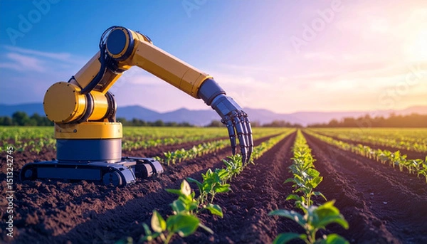 Obraz automatic robot arm harvesting plant in field against sunset, AI Generated