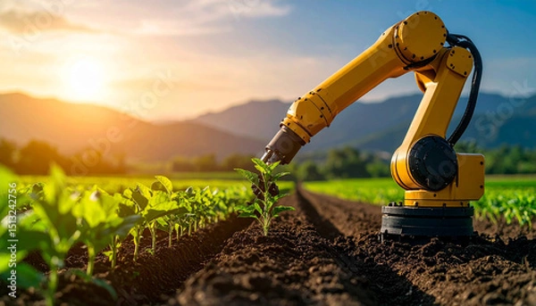Obraz automatic robot arm harvesting plant in field against sunset, AI Generated
