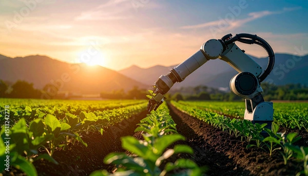 Obraz automatic robot arm harvesting plant in field against sunset, AI Generated