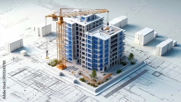 Obraz Architectural white scale model construction site with crane on technical blueprint from top isometric perspective. Detailed 3D rendered design visualization for urban development projects, featuring 