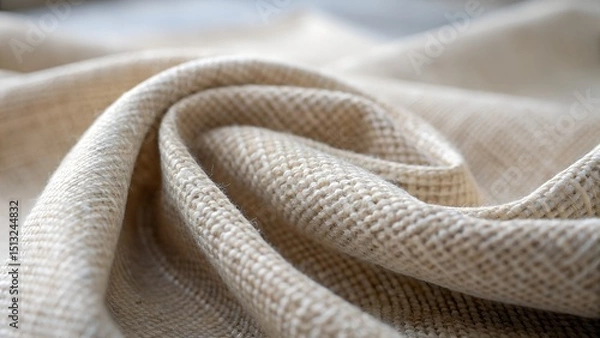 Fototapeta Woven linen fabric, close-up macro, subtle wrinkles, soft neutral tones, shallow depth of field. Perfect for background, wallpaper, banner, poster, web page, textile card design.