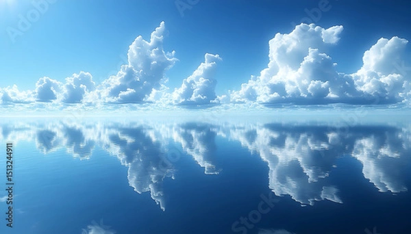 Fototapeta Fluffy white clouds reflected in serene blue water create a peaceful and calming atmosphere, with bright blue skies above