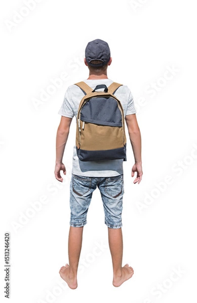 Fototapeta Rear view full length portrait of a curious young man traveler carrying a backpack and wearing a cap ready for adventure isolated on transparent background