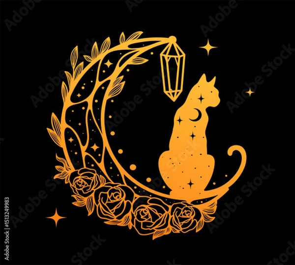 Fototapeta Vector illustration of a magical cat silhouette with a galactic theme. Features starry night elements, dreamy colors of blue, purple, and black, and a cosmic, mystical atmosphere perfect for fantasy, 