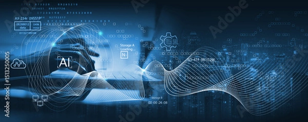 Obraz AI tech, artificial intelligence and big data analytics, innovative technology background. Software engineer using computer for data engineering, internet bot, data science