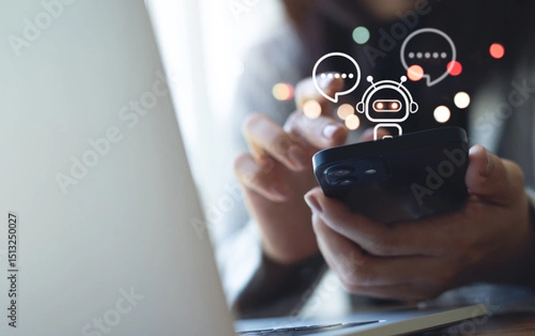 Obraz AI Artificial Intelligence, Digital chatbot, Woman chatting with chatbot customer service on mobile phone via internet mobile app. Automatic conversation assistance by AI chatbot technology