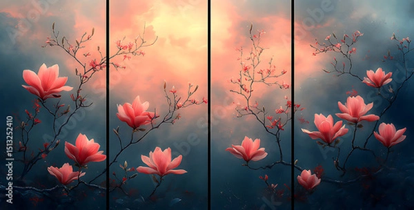 Obraz Serene Pink Magnolia Triptych Sunrise and Clouds