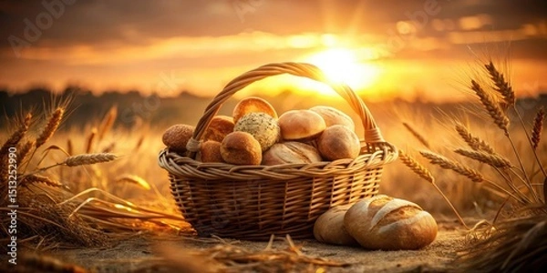 Fototapeta Rustic Basket of Freshly Baked Bread Rolls Surrounded by Grains in a Natural Setting Evoking Warmth and Comfort