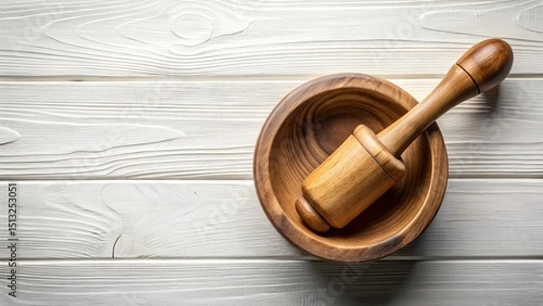 Fototapeta Rustic Wooden Bowl and Mortar with Pestle on White Surface - Conceptual Photography of Natural Kitchen Tools, Culinary Arts, and Minimalist Design