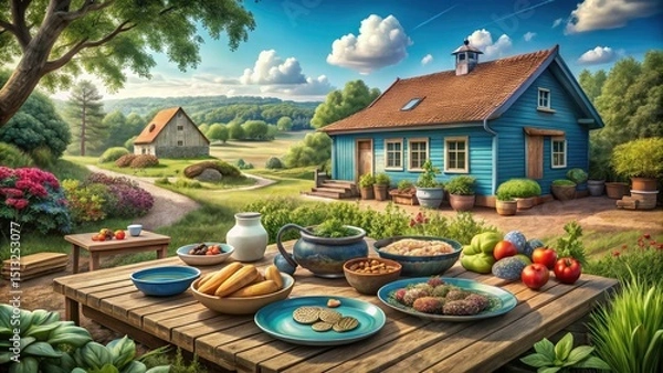 Fototapeta Rustic Food Photography: Vibrant Dishes Against a Blue Clapboard House Background in Earth Tones