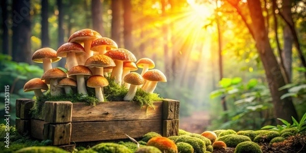 Fototapeta Rustic Wooden Display with Vibrant White and Orange Cap Mushrooms in Lush Forest Landscape