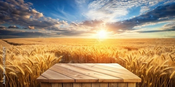 Fototapeta Serene Wooden Podium in Golden Wheat Field - Aerial Drone Photography of Rustic Nature Scene