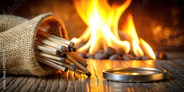 Fototapeta Silhouette of Metallic Ring and Burlap Bag with Burning Matches - Artistic Reflection and Texture
