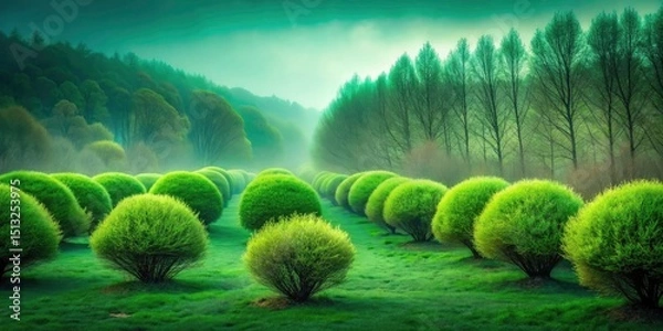 Fototapeta Surreal Scene of Leafless Green Bushes in Dreamlike Landscape â€“ Nature Photography, Abstract Art, Minimalism, Surrealism, Greenery, Landscape