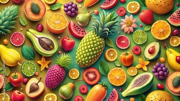 Fototapeta Tropical Fruit Pattern in Embossed 3D Style - Vibrant Minimalist Design for Product Photography, High-Definition Textures, and Bright Patterns