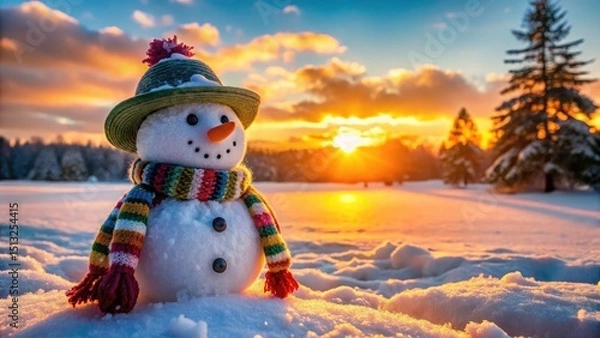 Fototapeta Vibrant Snowman in Winter Wonderland at Sunset