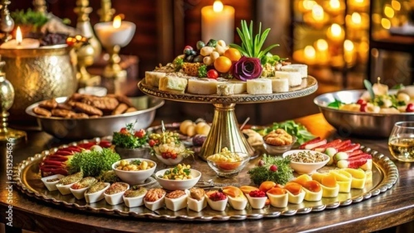 Fototapeta Vintage Style Photography of an Elegantly Presented Hors d'Oeuvres Tray at a High-End Event, Showcasing Exceptional Hospitality and Culinary Artistry