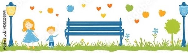 Obraz Park scene with children and a bench