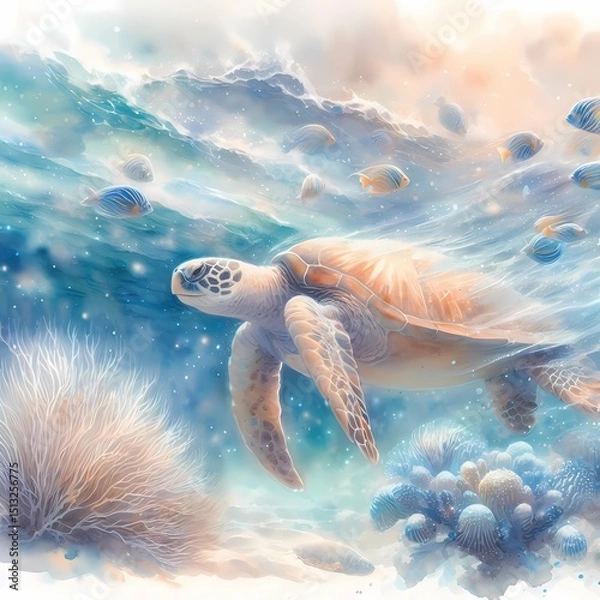 Fototapeta Sea Turtle Swimming Through a Dreamy Underwater World