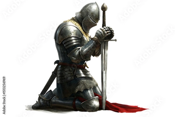 Fototapeta Knight in armor praying with sword isolated on a white background png ai generated