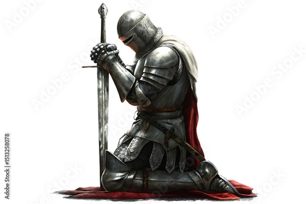Fototapeta Medieval knight in prayer, isolated on a white background, ai generated png