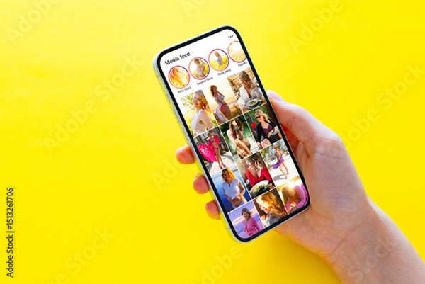 Fototapeta Social media photo gallery viewed on mobile phone