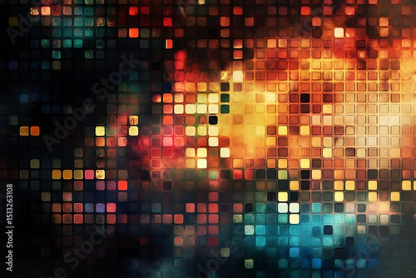 Obraz Colorful abstract digital grid with glowing pixel squares in warm and cool tones. Futuristic tech texture ideal for backgrounds, UI elements, music visuals, data themes, and modern digital art project