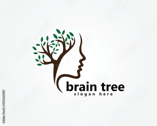 Obraz creative brain treee logo , tree shaped brain with striped face, logo design template