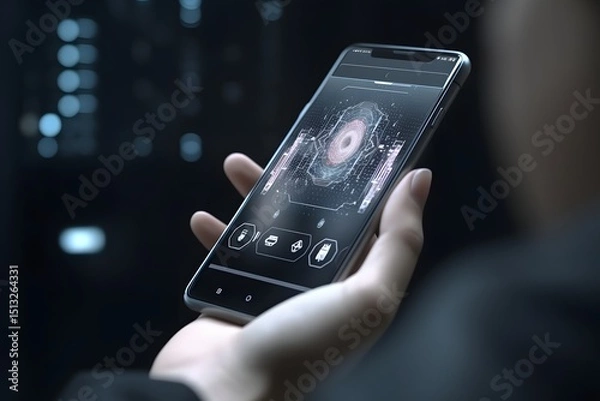 Obraz AI hand holding a smartphone, interacting with apps, realistic textures, futuristic meets everyday life
