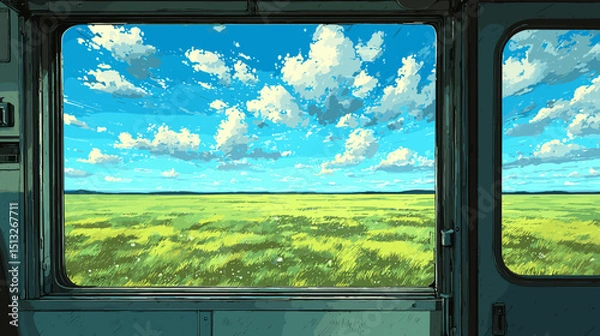Fototapeta 電車の窓から見える夏の草原と青空の風景、ベクターイラスト