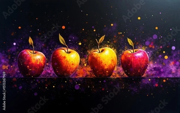 Fototapeta Four Apples on Dark Background with Speckled Paint