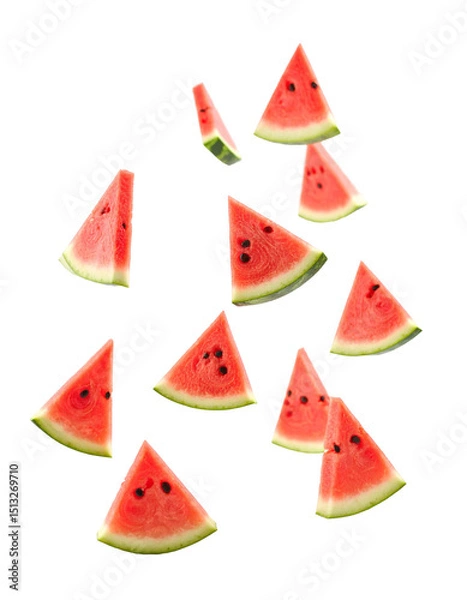 Fototapeta Watermelon slices flying in the air isolated on transparent background