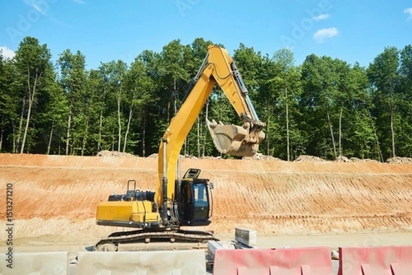 Obraz An excavator at a construction site performs construction work