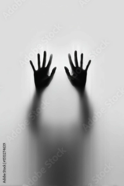 Fototapeta Silhouetted hands press against a translucent surface, creating a sense of mystery and confinement.