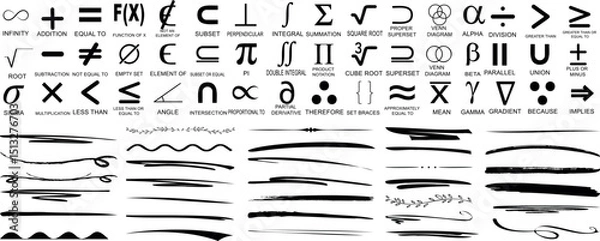 Obraz Mathematical symbol collection, including integrals, summation, square roots, and various calculus notations with stylish decorative underlines, lines, swirl borders, and brush stroke dividers
